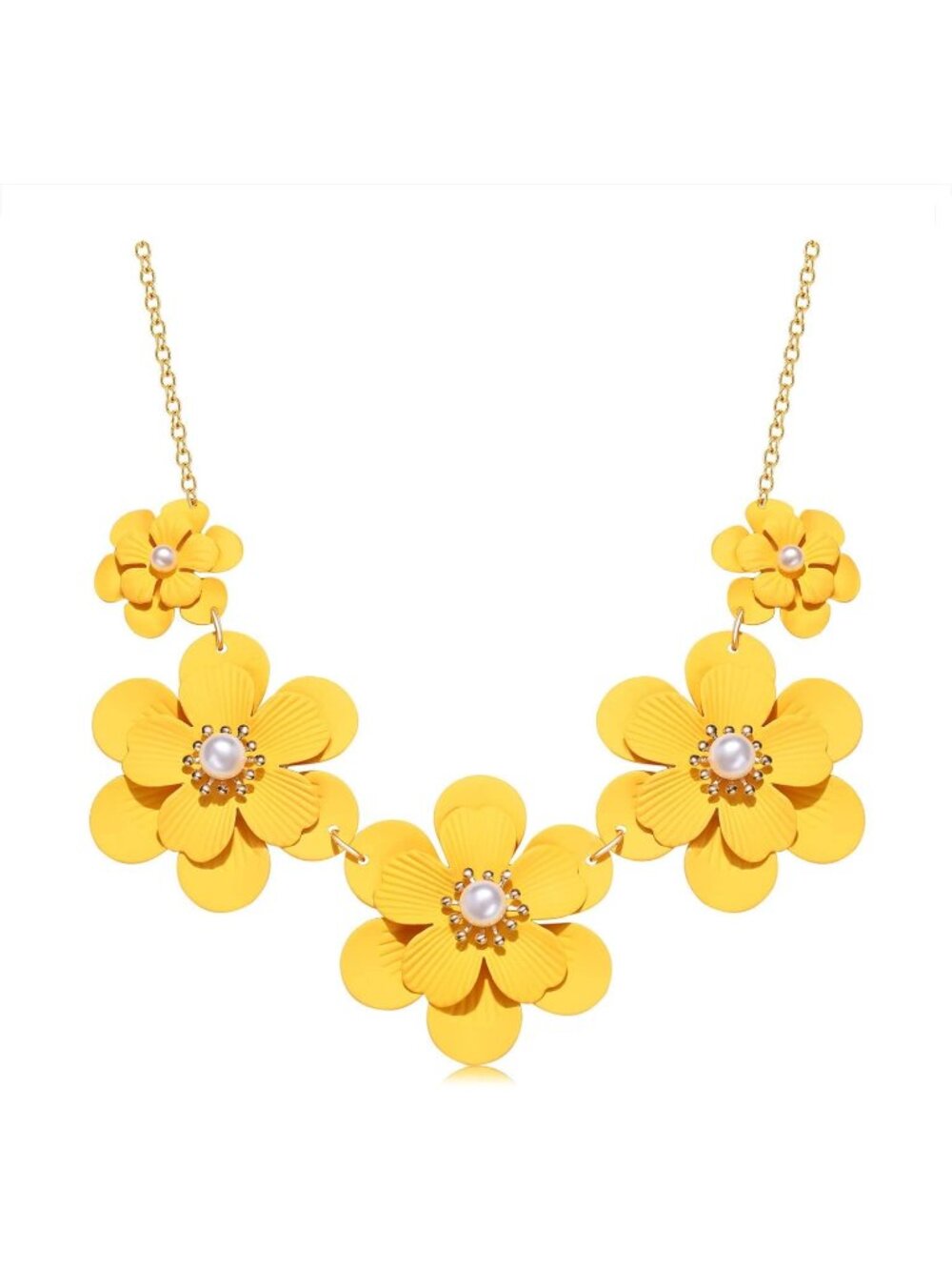 Women's Yellow Flower Matte Enamel Pearl Charm Choker Statement Necklace